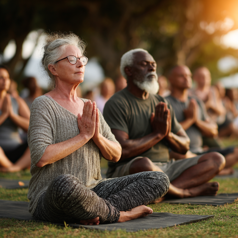 Instructora de yoga con adultos mayores
